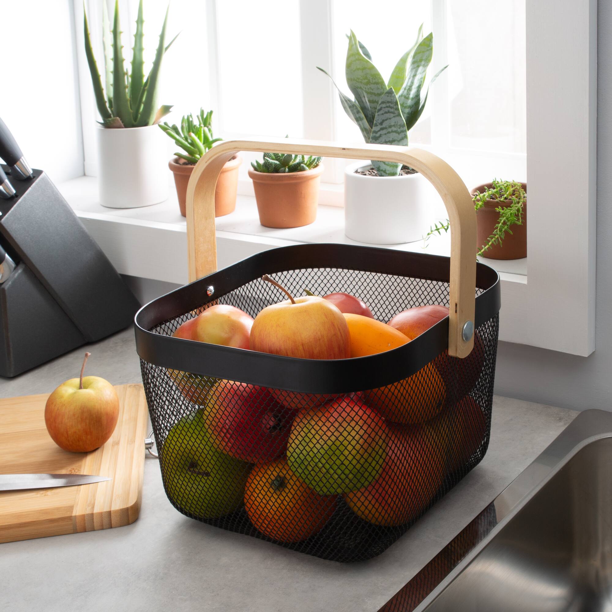 Simplify Black Mesh Tote with Bamboo Handle